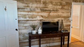 Ein Zimmer mit einer Holzwand, einer weißen Tür, einem dunklen Holz-Konsolentisch mit Fernseher, einer kleinen Pflanze und einer Lampe.
