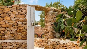 A stone wall with a white door, a cactus plant, and a tractor in the background. - Can Joseph II Can Toni Platera (Formentera)