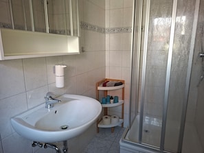 Regadera, toallas, jabón, papel de baño