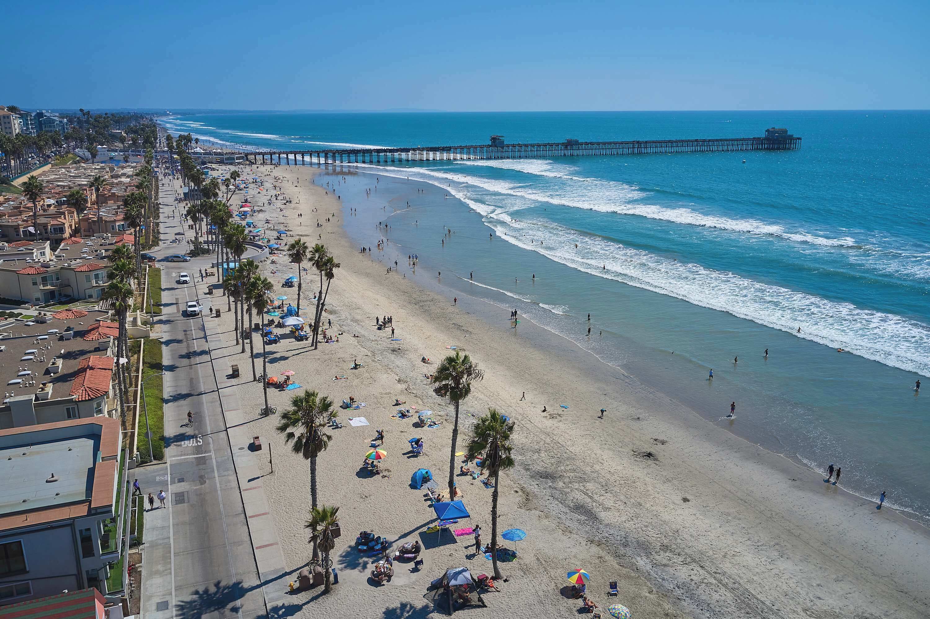 A beach with a long pier extending into the water, palm trees lining the shore, and people enjoying the beach.