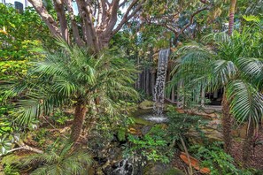 Ein üppiger Innenbereich mit Garten, Wasserfall, dichter Bepflanzung und einem Steinpfad.