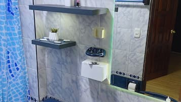 Secador de cabelo, toalhas de banho, sabonete, papel higiênico