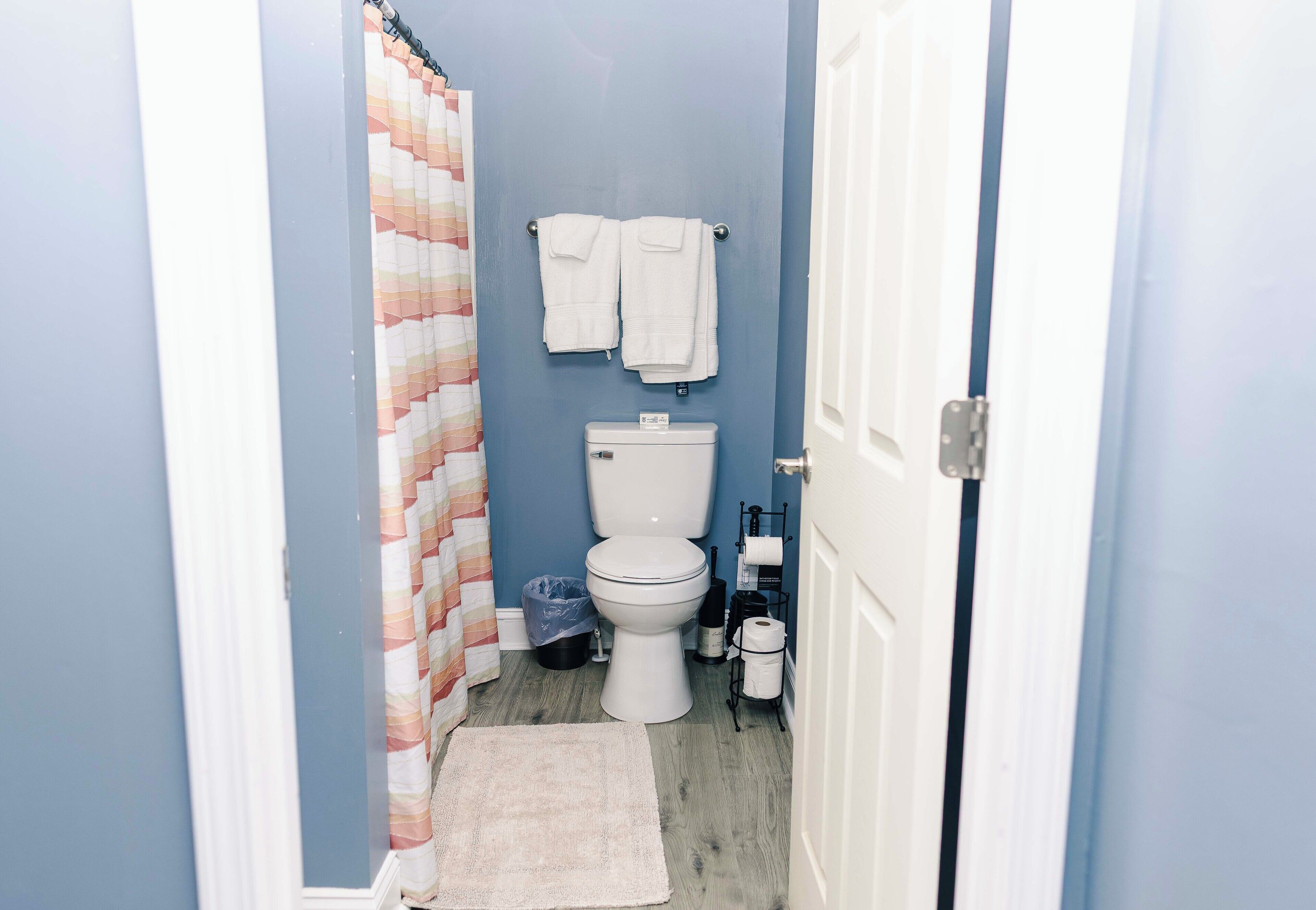A bathroom with a toilet, a shower curtain, a rug, and towels hanging on the wall.