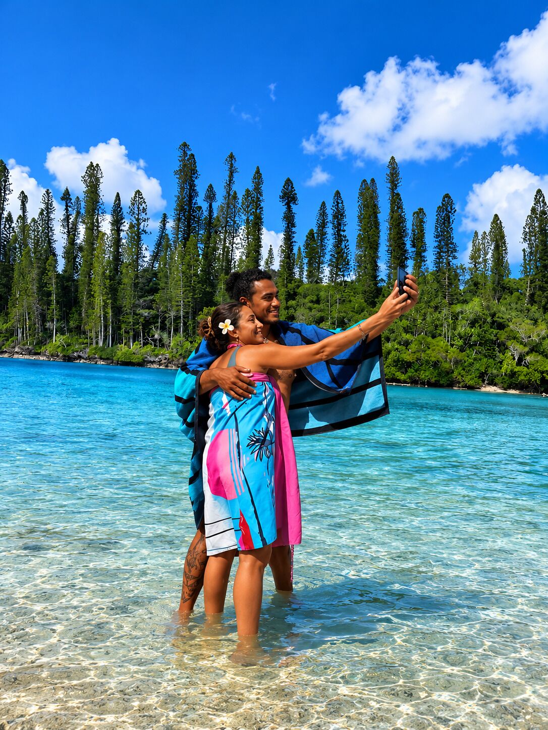 A couple embracing in shallow clear water with a forested background.