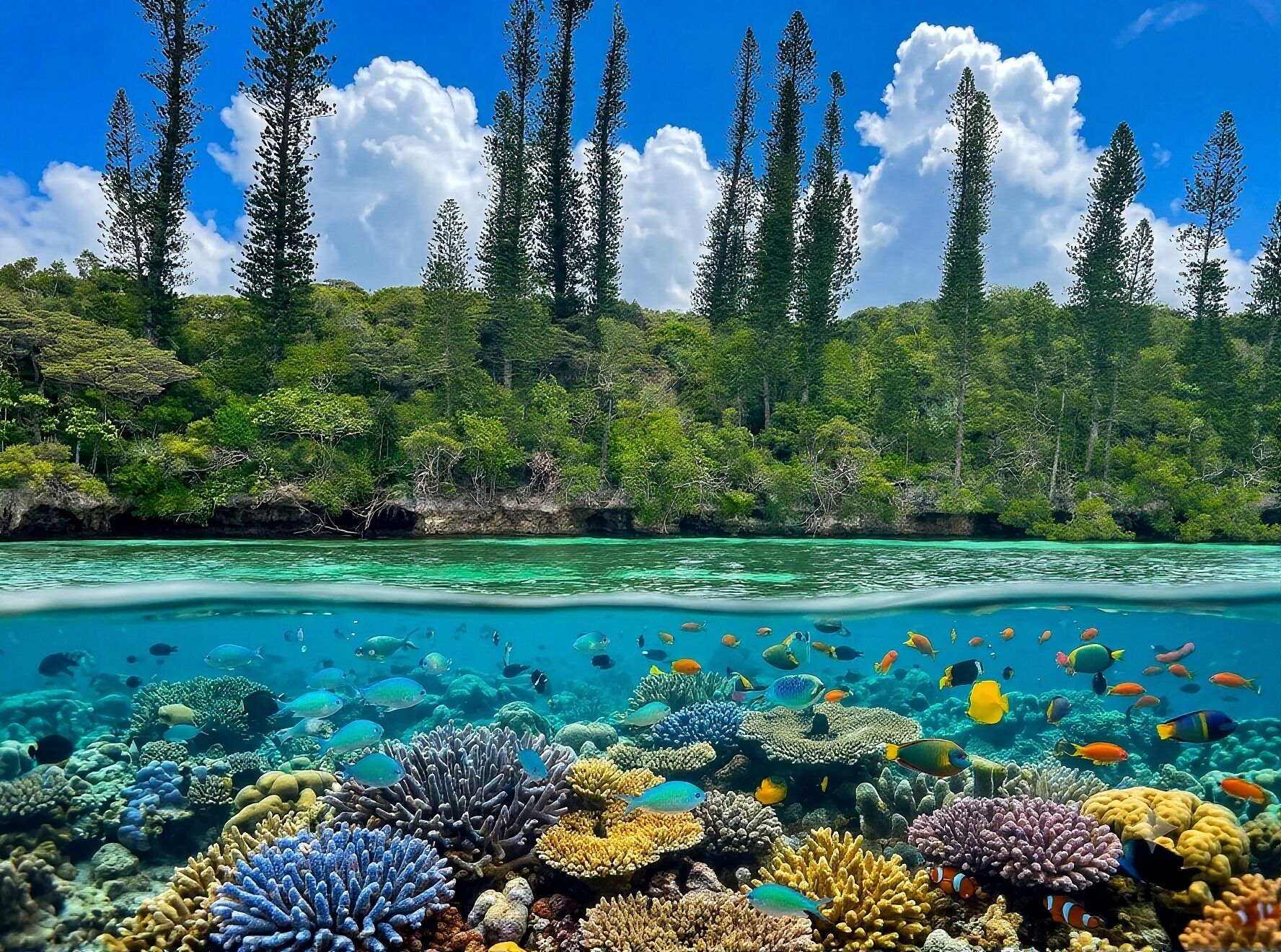 A clear view of a coral reef with diverse marine life and a forested coastline.