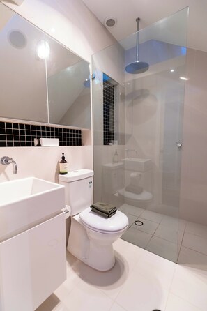 Douche, sèche-cheveux, serviettes fournies, savon