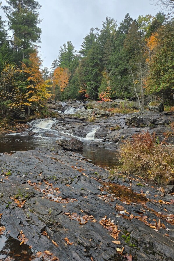 Un paysage rocheux avec une petite cascade et des arbres aux couleurs automnales.