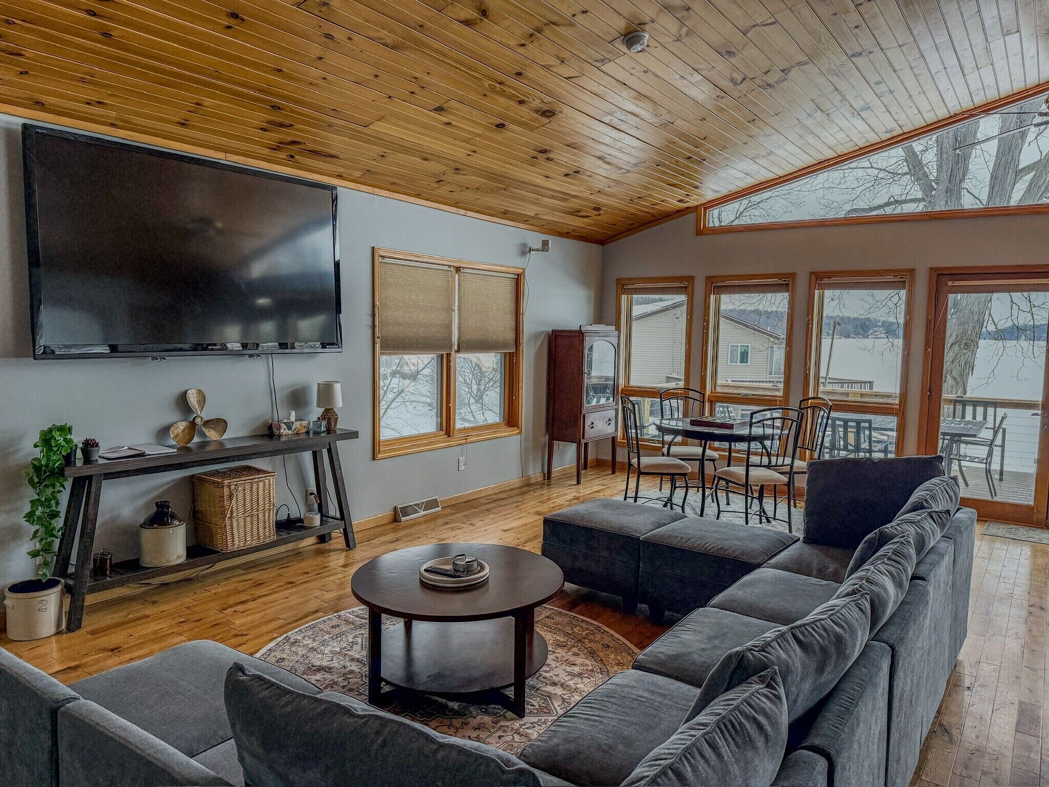 Smart TV, chimenea y libros 