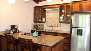 A kitchen with wooden cabinets, a stainless steel refrigerator, a granite countertop, and a kettle. - Beautiful 2-bedroom condo with AC in Tamarindo (Tamarindo)