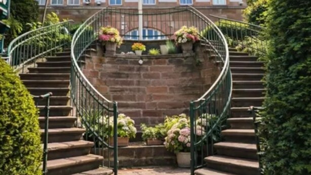 Un bâtiment européen traditionnel, sur lequel on peut lire l’inscription « Kurvilla Sickingen », avec un escalier central doté d’une rampe et agrémenté de plantes en pot.