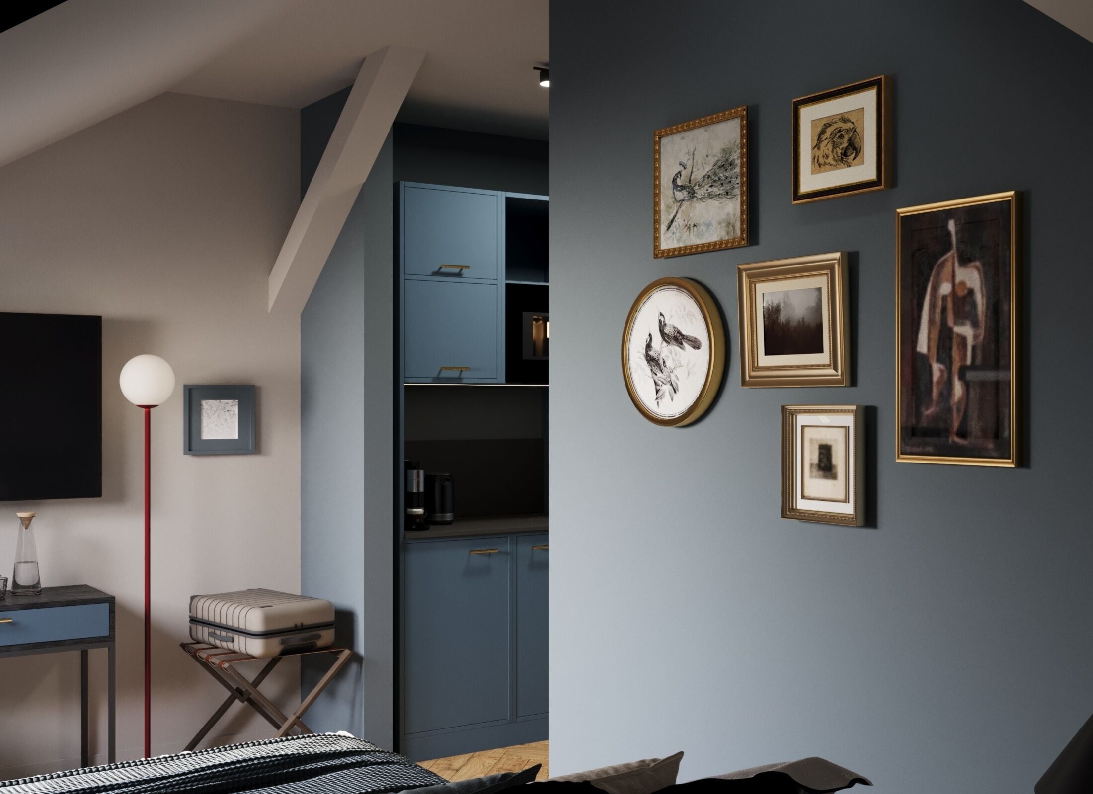 A modern room with a flat-screen TV, a desk with a lamp, a suitcase, and a bed with a patterned bedspread.