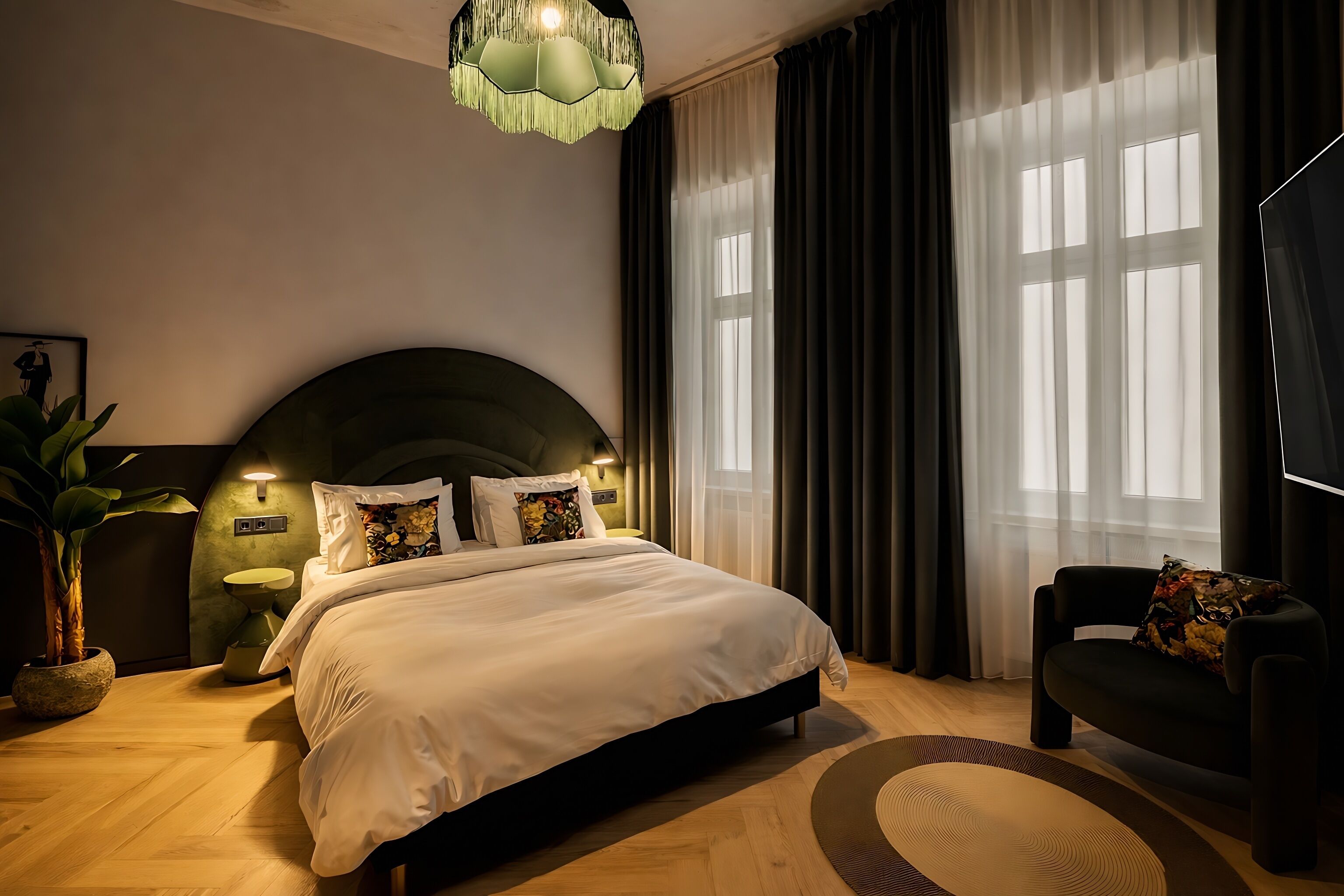 Ein modernes Schlafzimmer mit einem großen Bett, einer gewölbten Kopfteil, einem Nachttisch, einer Topfpflanze, einem Sofa und einem Fernseher.