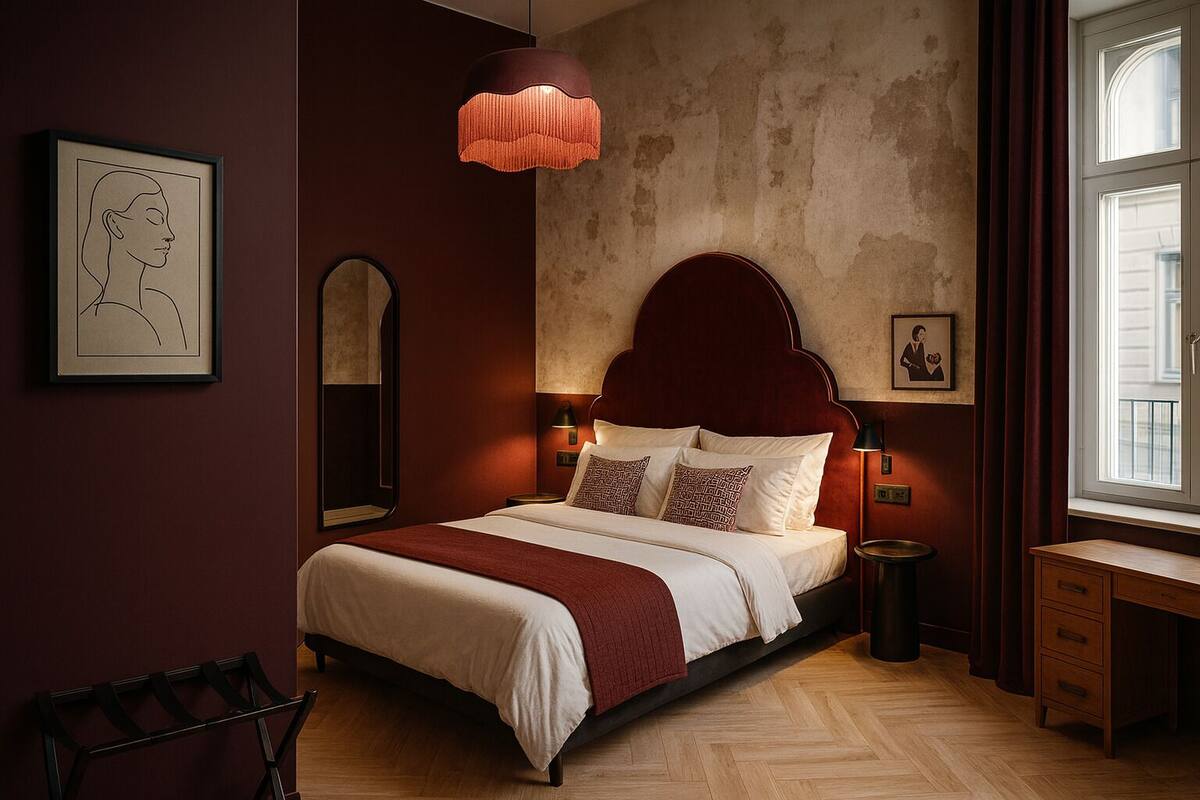 Une chambre à coucher avec un grand lit, une table de chevet, un bureau, une chaise et une fenêtre avec des rideaux.