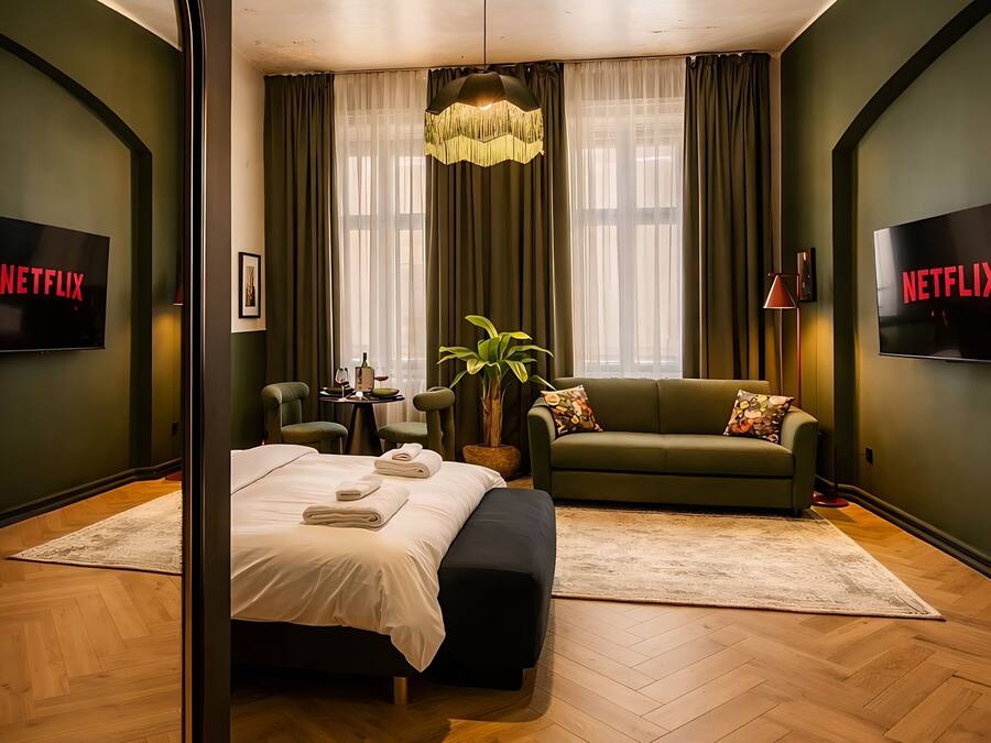 Appartement supérieur, vue sur la ville | Literie de qualité, décor unique, ameublement unique