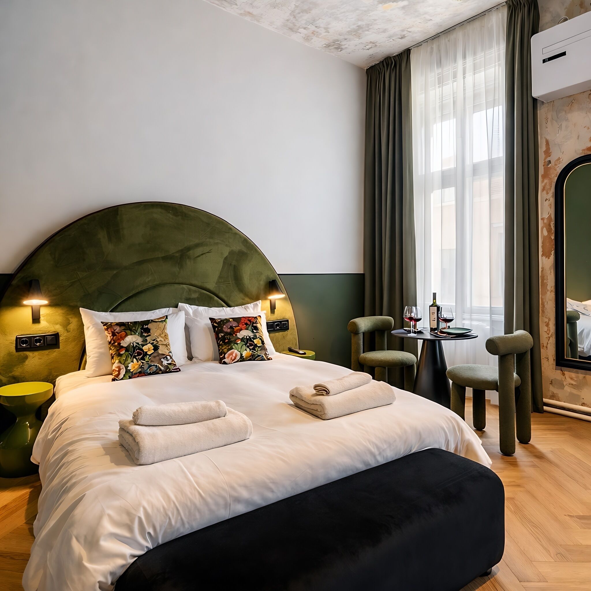 Een moderne hotelkamer met een groot bed, een kleine tafel met een stoel, en uitzicht op de stad door grote ramen.