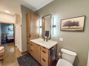 Hair dryer, towels, soap, toilet paper