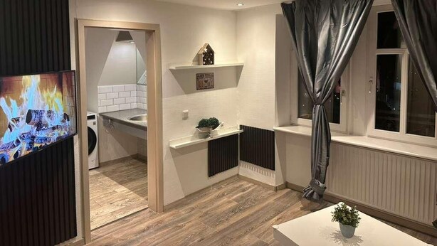 A modern kitchen with a built-in oven, a microwave, and a sink. There is a small island with a plant, and a chandelier above. - This one bedroom is located in a beautiful Historic Villa in Landstuhl, Germany (Landstuhl)