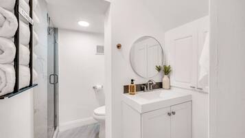 Shower, hair dryer, towels