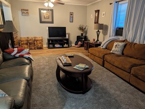 A living room with a leather couch, a brown sofa, a coffee table, a TV, and a fireplace.