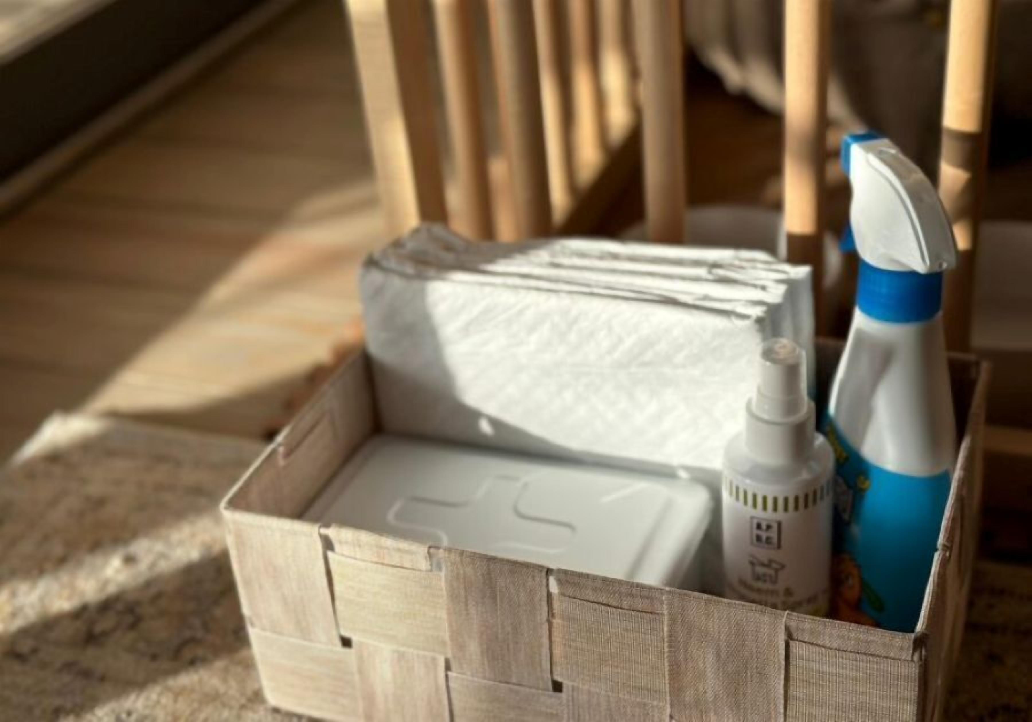 Una caja de madera con un bote pulverizador, un recipiente blanco y un recipiente azul.
