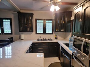 Frigorífico, microondas, horno y placa de cocina