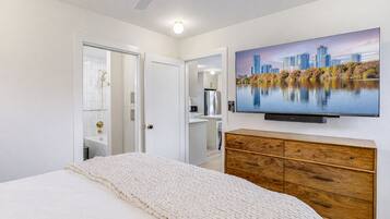 1 bedroom, desk, iron/ironing board, travel cot