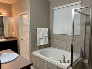 Hair dryer, towels, soap, shampoo