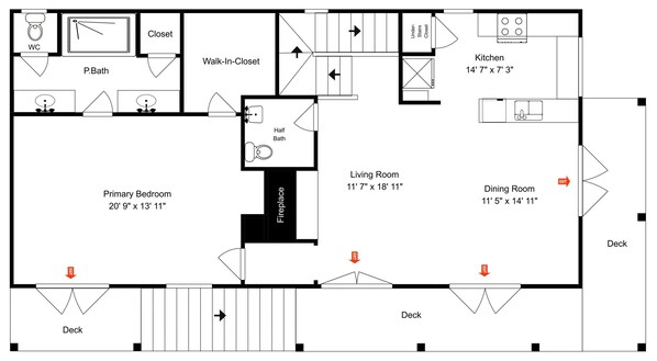A floor plan of a house with a primary bedroom, living room, dining room, kitchen, and two decks. - Billfish (Tybee Island)
