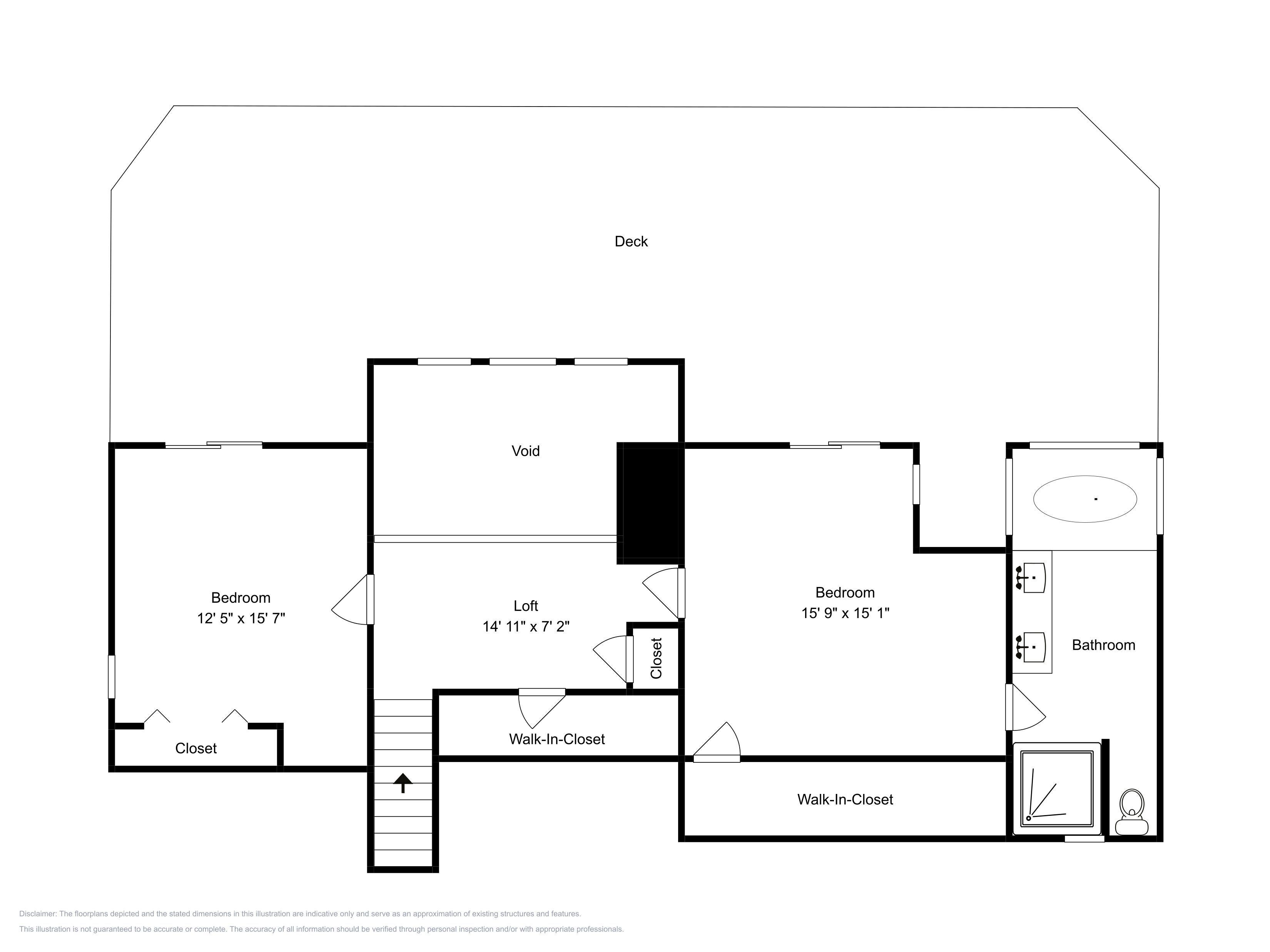 A floor plan with a bedroom, loft, closet, walk-in closet, and bathroom.