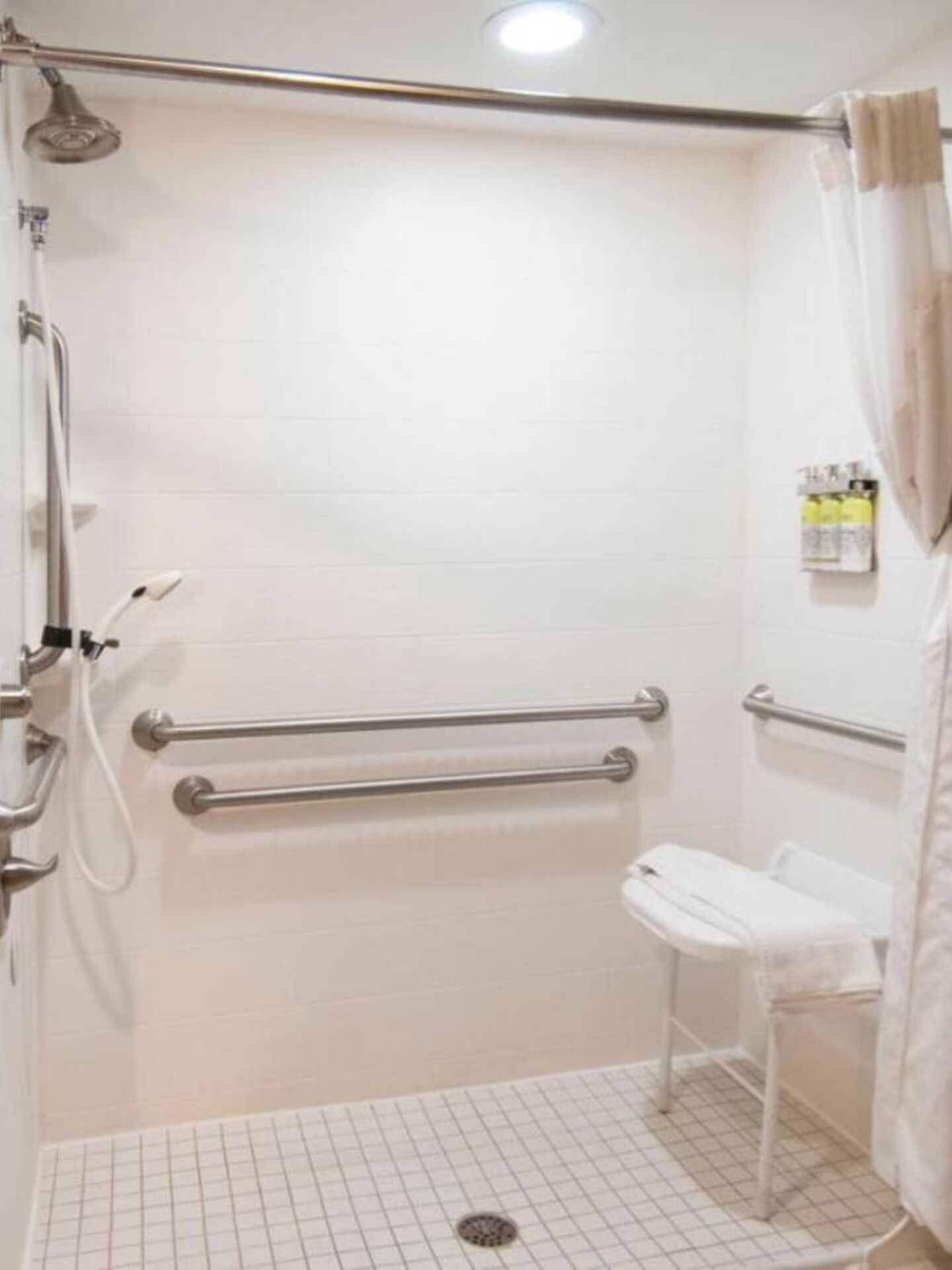 Hair dryer, towels, shampoo, toilet paper