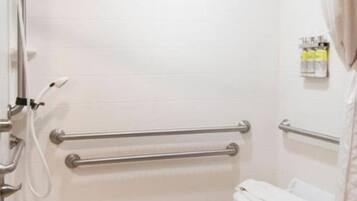 Hair dryer, towels, shampoo, toilet paper