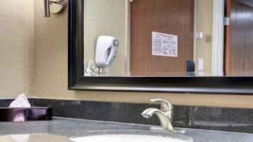 Hair dryer, towels, shampoo, toilet paper