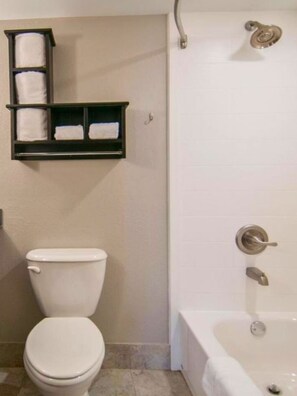 Hair dryer, towels, shampoo, toilet paper
