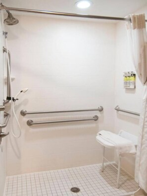 Hair dryer, towels, shampoo, toilet paper