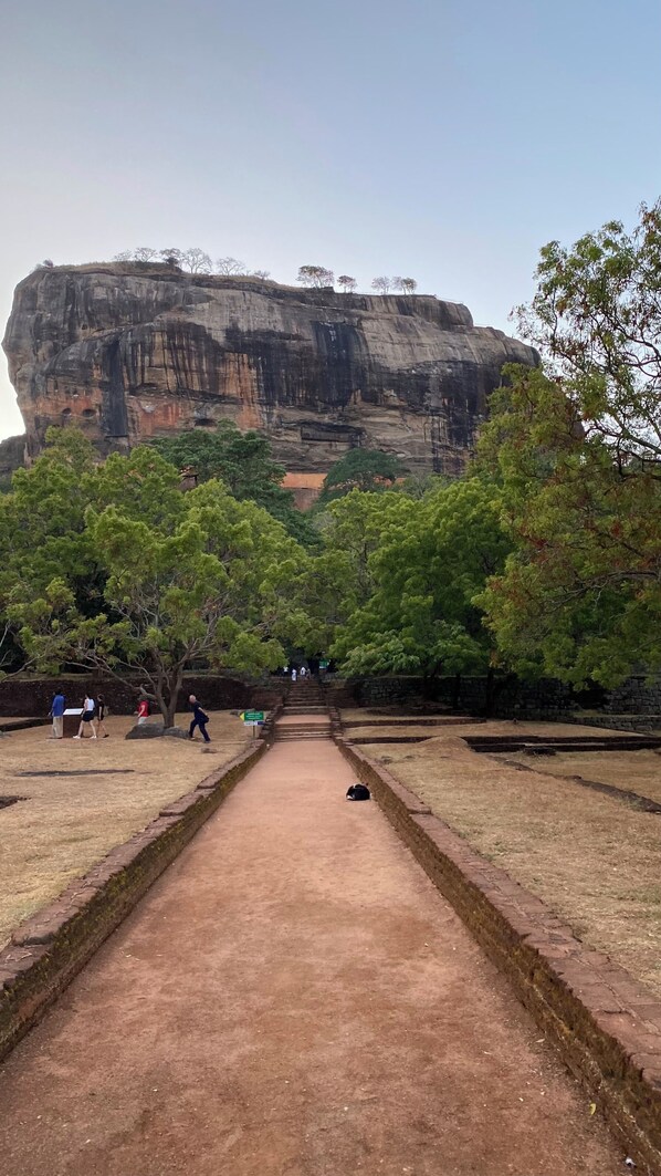 A pathway leading to a large rock formation with trees in the foreground. - Nilmini Lodge (Sigiriya)