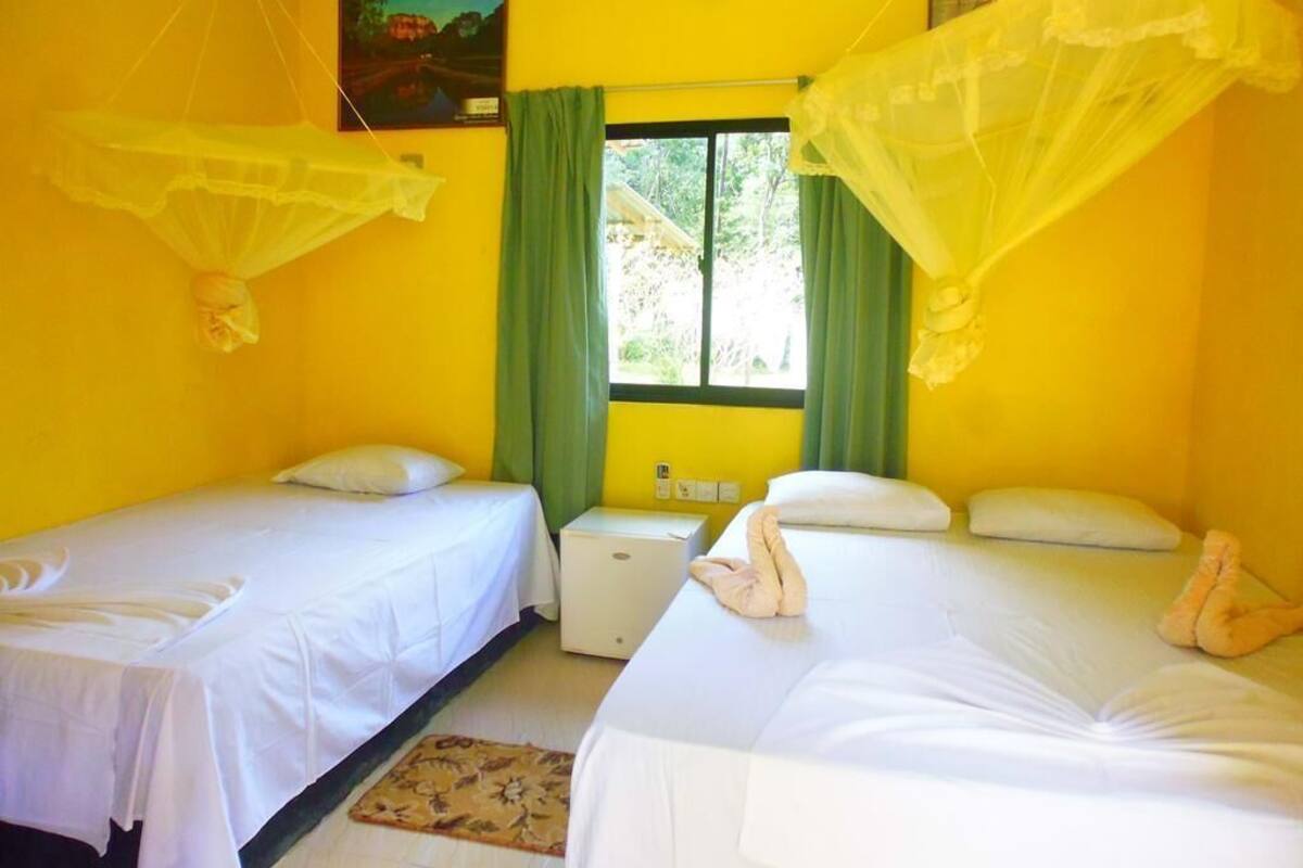 A room with two beds, a small table, and a window with curtains.