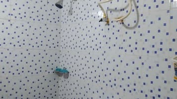 Shower, free toiletries, towels, soap