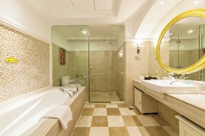 Separate bathtub and shower, rainfall showerhead, hair dryer, bathrobes
