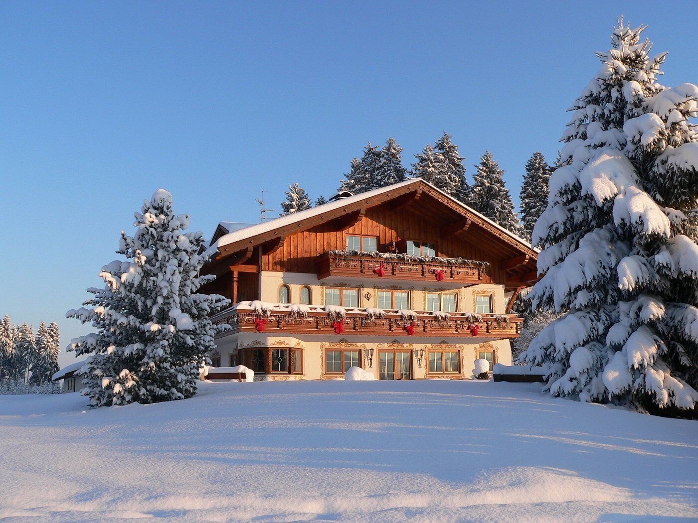 Una cabaña de madera de varios pisos con balcón, rodeada de árboles cubiertos de nieve.