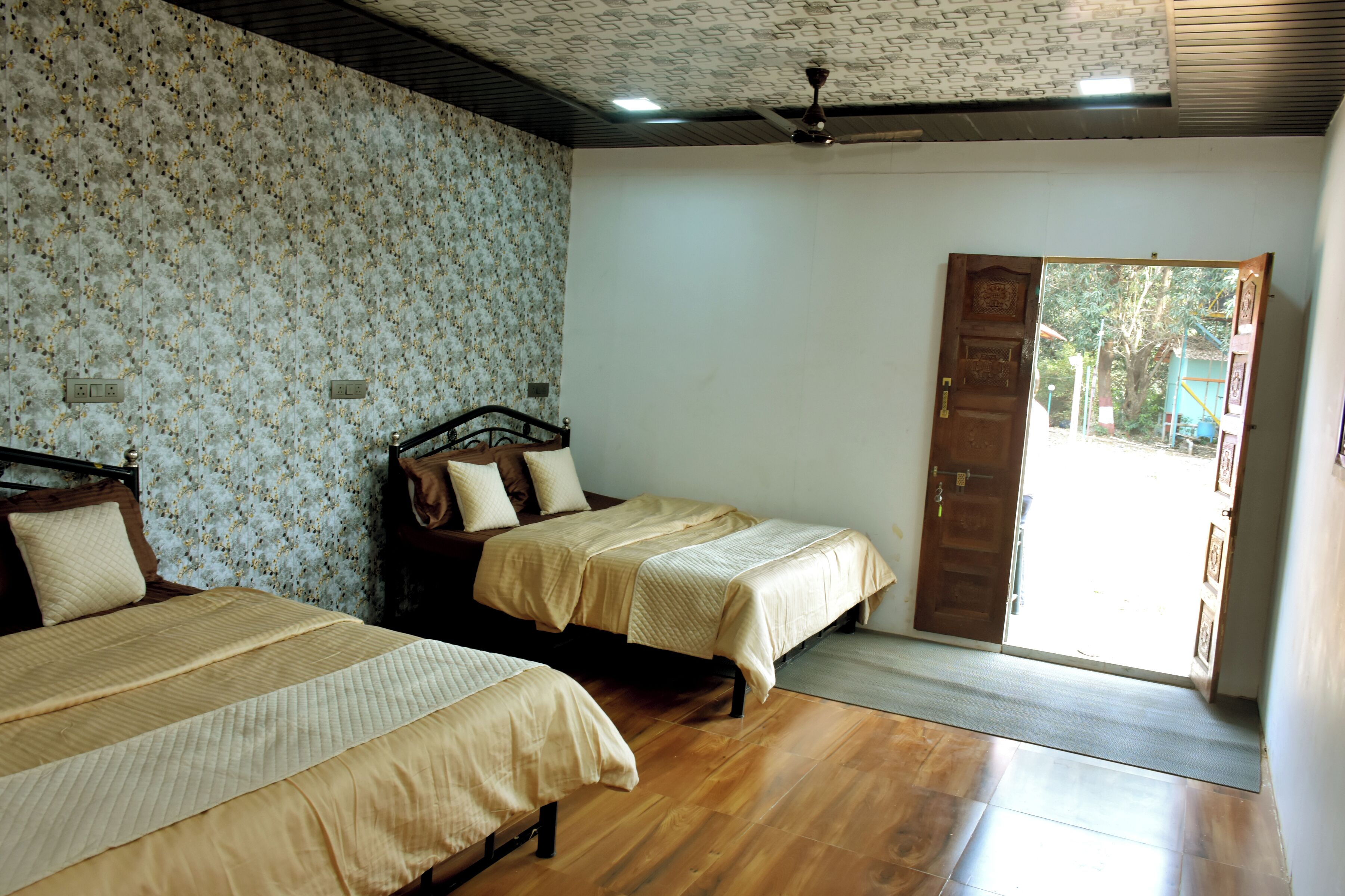 Premium bedding, memory foam beds, desk, laptop workspace