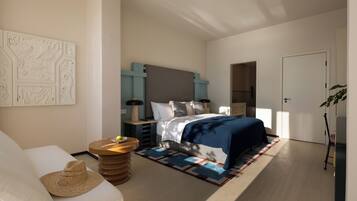 Romantische tweepersoonskamer, patio, uitzicht op zee | Een minibar, individueel gedecoreerd, individueel gemeubileerd