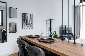 Studio, 1 Double Bed with Sofa bed, Kitchenette, City View | In-room dining - Dusk - Studio by Plus 49 in Mackenzie (Larnaca)