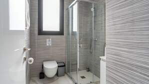 Une salle de bain moderne avec une douche à parois de verre, des toilettes et une poubelle.