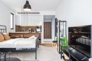 Studio, 1 Double Bed with Sofa bed, Kitchenette, City View | Egyptian cotton sheets, premium bedding, individually decorated - Dusk - Studio by Plus 49 in Mackenzie (Larnaca)