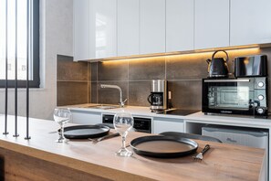 Studio, 1 Double Bed with Sofa bed, Kitchenette, City View | Private kitchenette | Mini-fridge, microwave, stovetop, coffee/tea maker - Dusk - Studio by Plus 49 in Mackenzie (Larnaca)