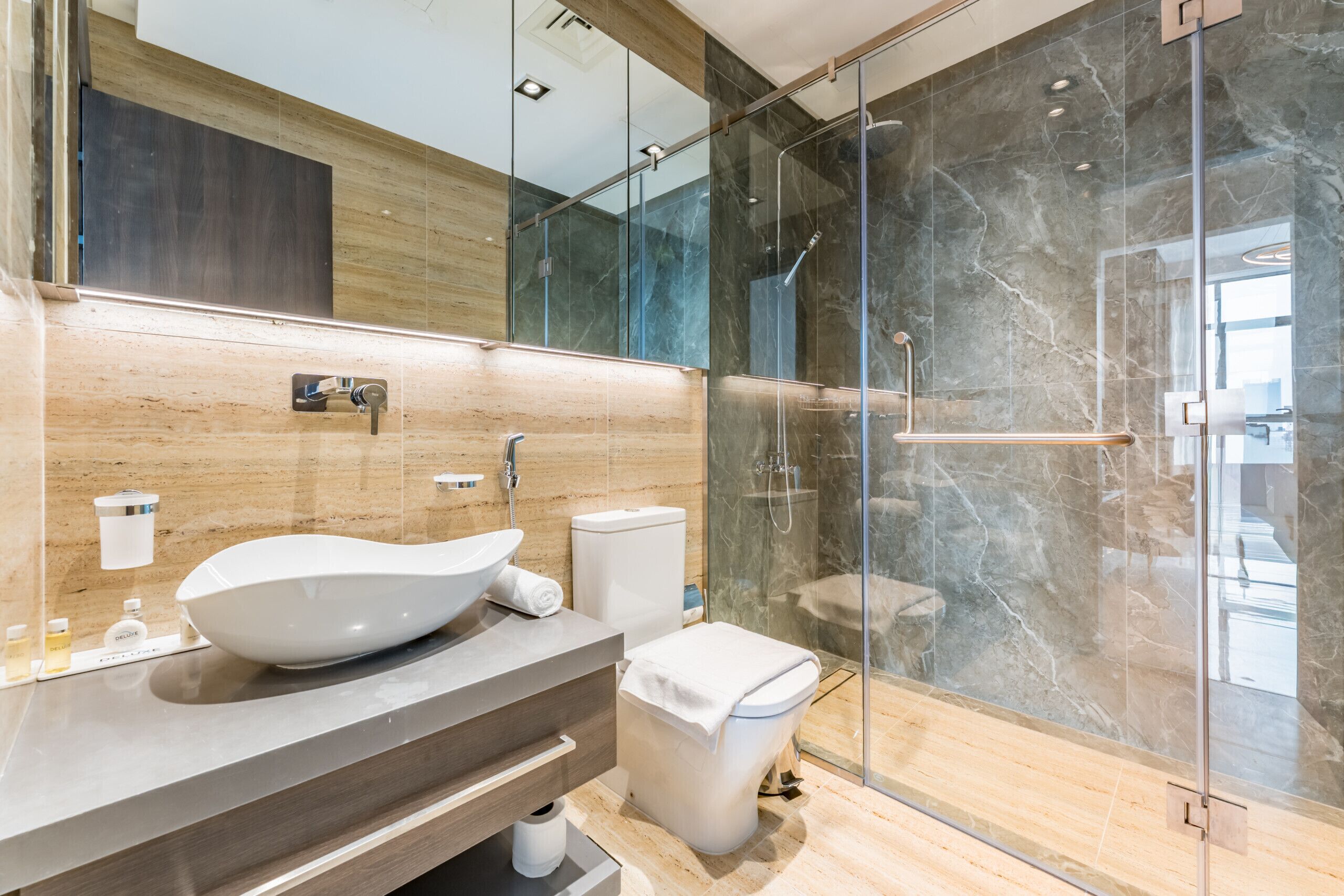 Shower, hair dryer, bidet, towels