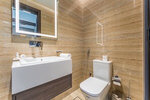 Regadera, secadora de cabello, bidet, toallas 