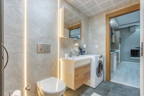 Comfort-Apartment, 1 Schlafzimmer, Haustiere gestattet | Badezimmer | Dusche, Haartrockner, Handtücher, Seife