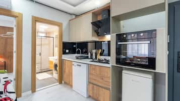 Bloc d'apartaments Deluxe, 1 dormitori, no fumadors, s'admeten animals de companyia | Cuina privada | Frigorífic petit, forn, placa de cuina i rentaplats