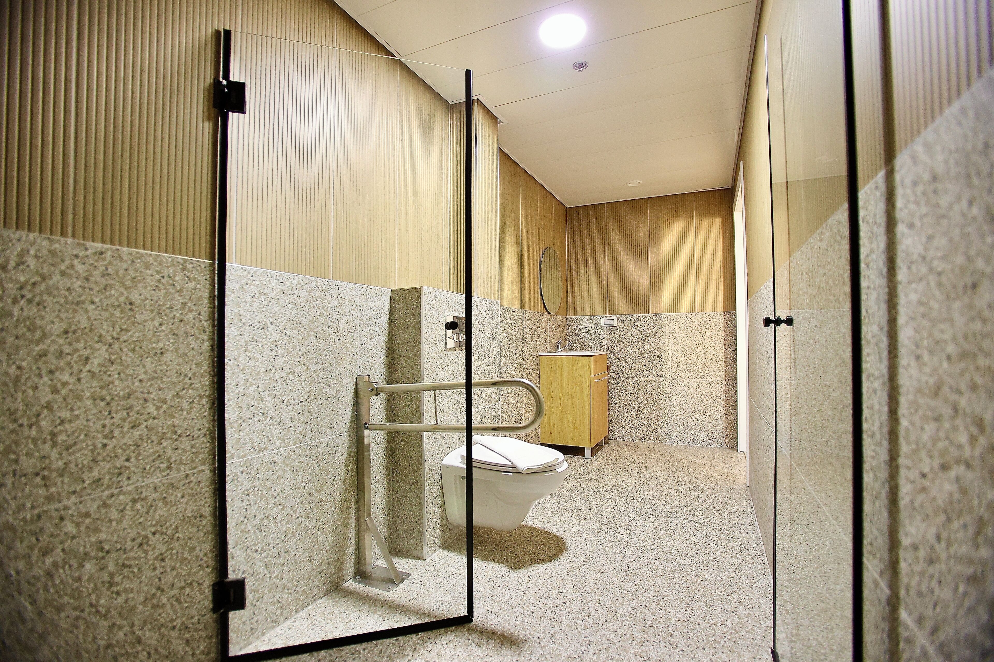 A modern bathroom with a glass partition, a toilet, and a wooden cabinet.